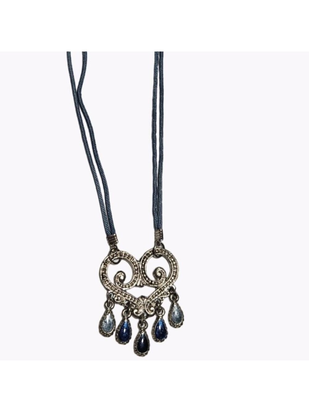 Vintage Heart Pendant Necklace Blue Teardrop Stone Beads Silver Tone Jewelry